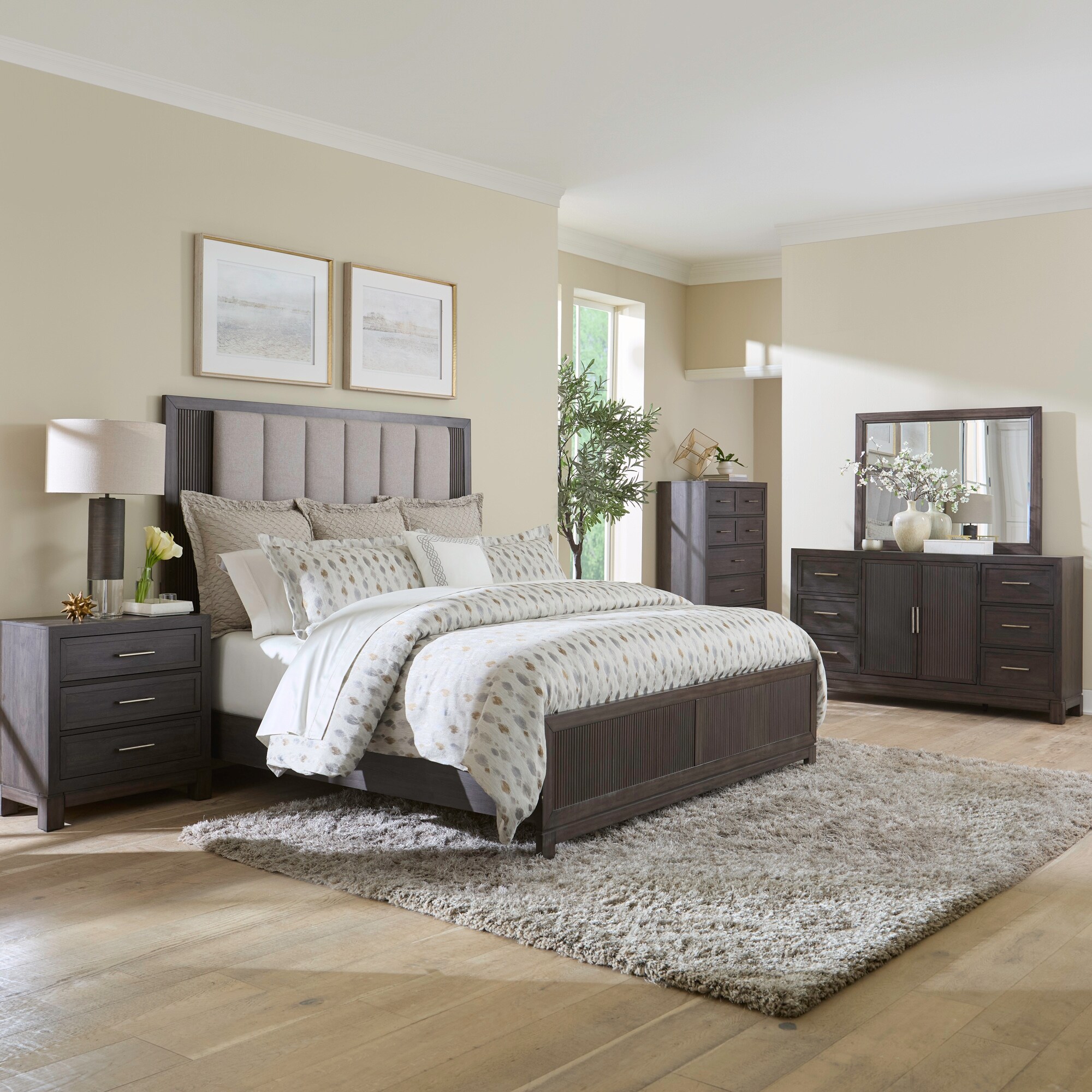 Oak Park Brown Wood King Bed, Two Nightstands and Dresser