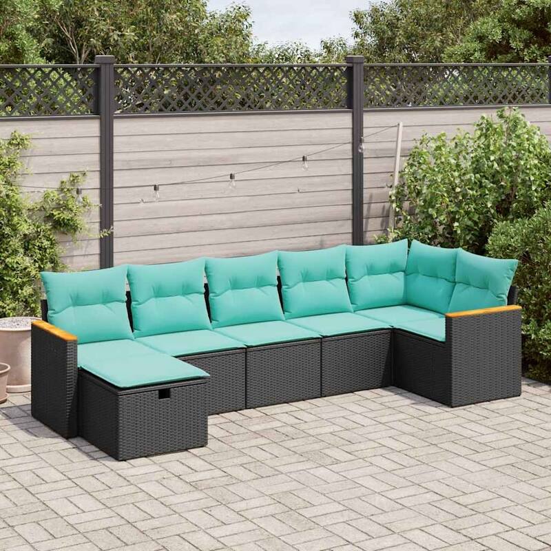 vidaXL 7 Piece Patio Sofa Set with Cushions Black Poly Rattan - 21.7 x 24.4 x 27.2 - Black-with storage - 8-piece setup