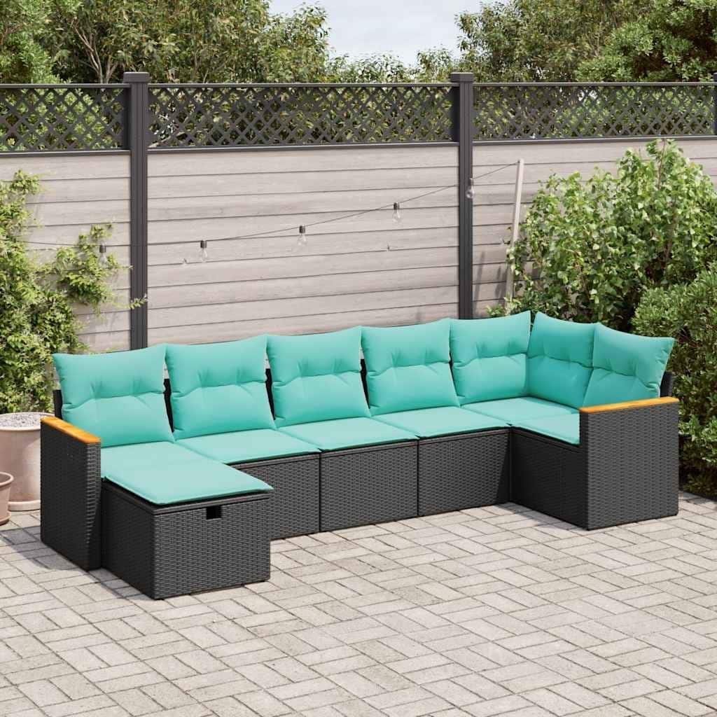vidaXL 7 Piece Patio Sofa Set with Cushions Black Poly Rattan - 21.7 x 24.4 x 27.2