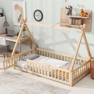 Twin Size Pine Tent-shaped Floor Bed with Guardrails & Door