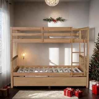Stylish Full Over Full Rubber Wood Bunk Bed with Trundle, Ladder and Guardrails, Convertible to 2 Full Size Beds, White Oak