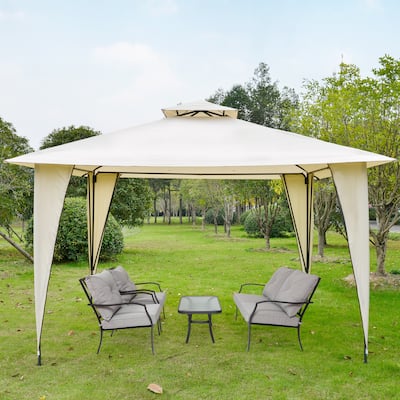 Outsunny 12' x 12' Outdoor Canopy Tent Party Gazebo with Double-Tier Roof, Steel Frame, Included Ground Stakes, Beige