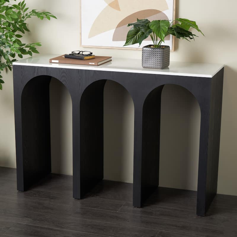 Wood Art Deco Arched Cutout Console Table with White Marble Tabletop - Black - Roche River Decor - 16"W x 47"L x 32"H