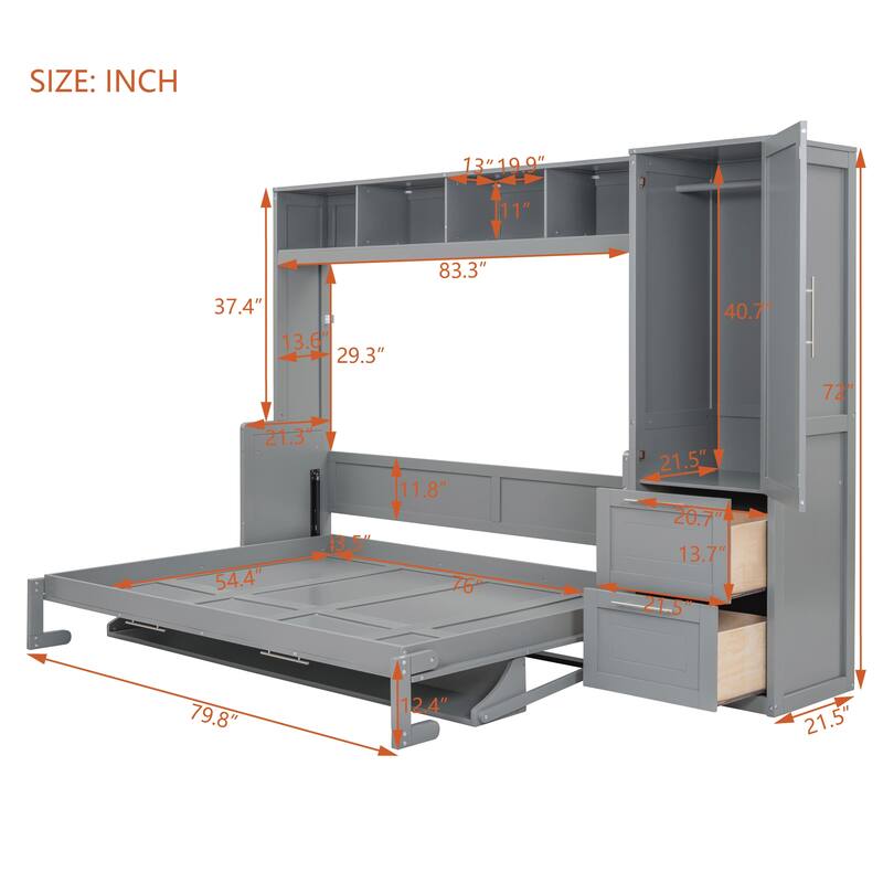 Gray Full Size Murphy Bed with The Built-in top Shelf,Closet and Two Storage Drawers for Bedroom