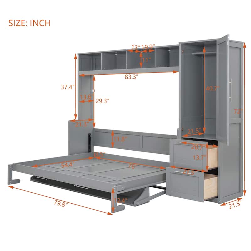 Murphy Bed with Built-in Shelf and Drawers