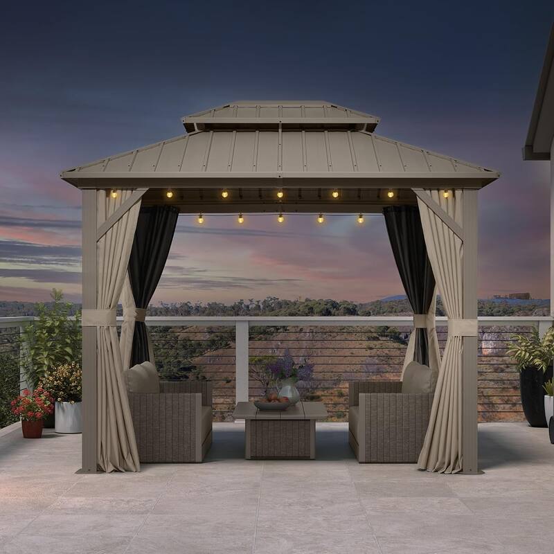 PURPLE LEAF Outdoor Hardtop Gazebo Champagne Metal Frame Galvanized Steel Double Roof with Curtains and Netting for Poolside - 08' x 10' - Gold with Light