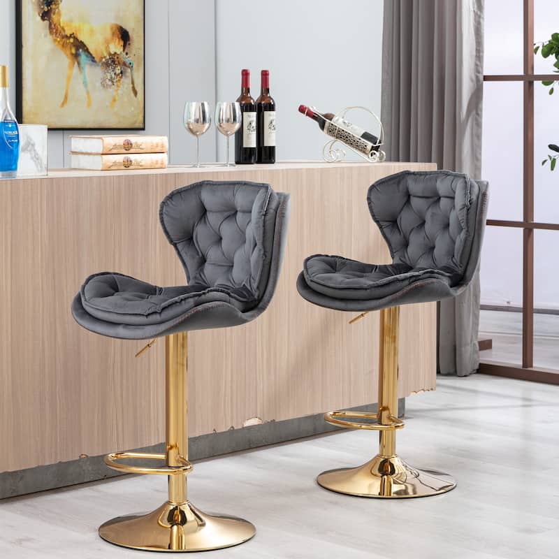 Set of 2 Adjustable Swivel Bar Stools, Gray Velvet with Chrome Footrest & Gold Legs