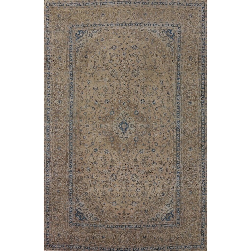 Mashad Vintage Persian Rug Hand-Knotted Traditional Floral Wool Carpet - 7'11" x 12'5"