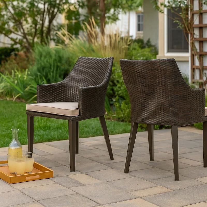 Ellish Outdoor Chair Set of 2, Metal Legs, Brown Rattan, Beige Fabric