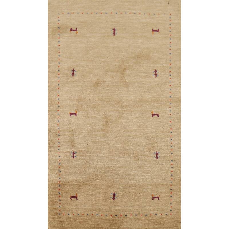 Gabbeh Indian Accent Rug Hand-Knotted Oriental Beige Wool Carpet - 2'11"x 5'3"
