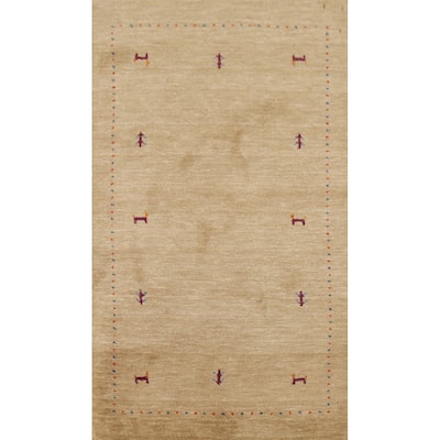 Gabbeh Indian Accent Rug Hand-Knotted Oriental Beige Wool Carpet - 2'11"x 5'3"