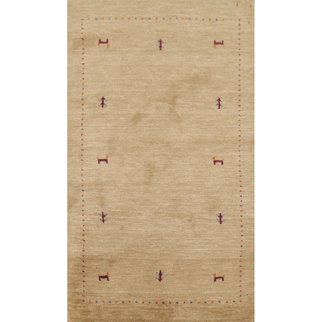 Gabbeh Indian Accent Rug Hand-Knotted Oriental Beige Wool Carpet - 2'11"x 5'3"