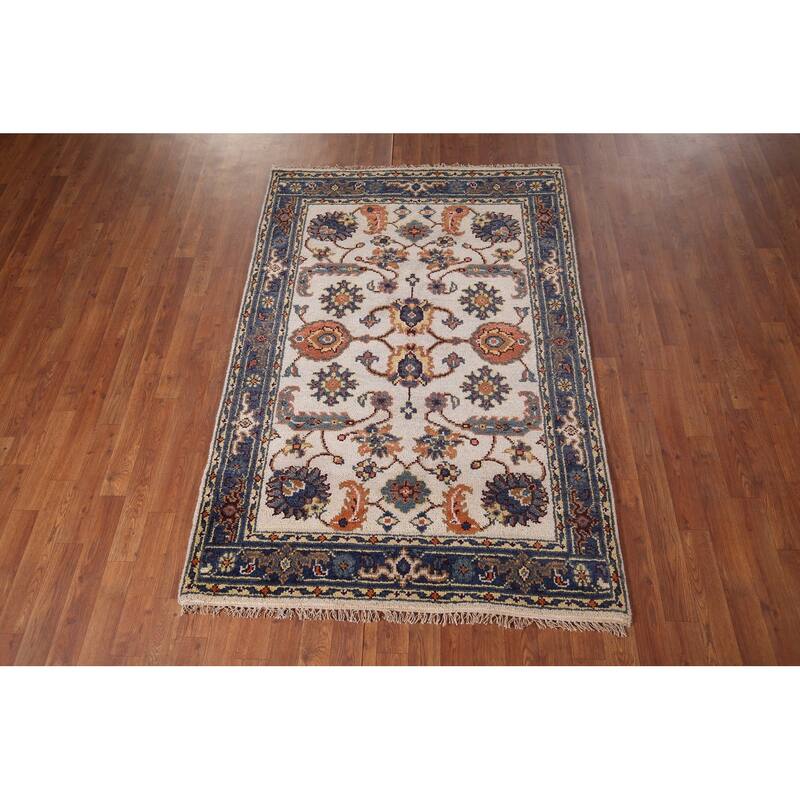 Oushak Indian Area Rug Handmade Floral Beige Wool Carpet - 4'1"x 5'11"