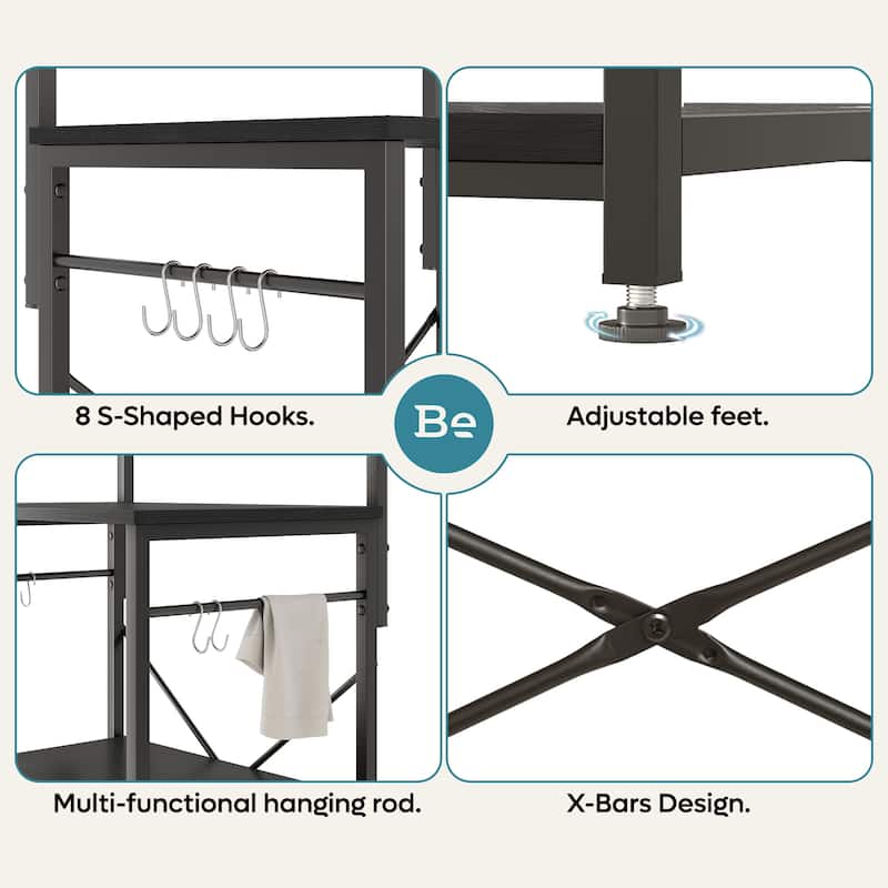 60 Inch Kitchen Baker's Rack with Hutch 8 Side Hooks