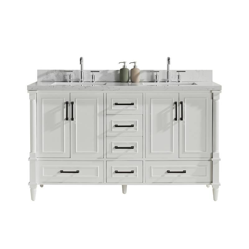 GDFStudio - Modern 60" Freestanding Bathroom Vanity with Dual Engineered Carrara Marble, Fully Assembled