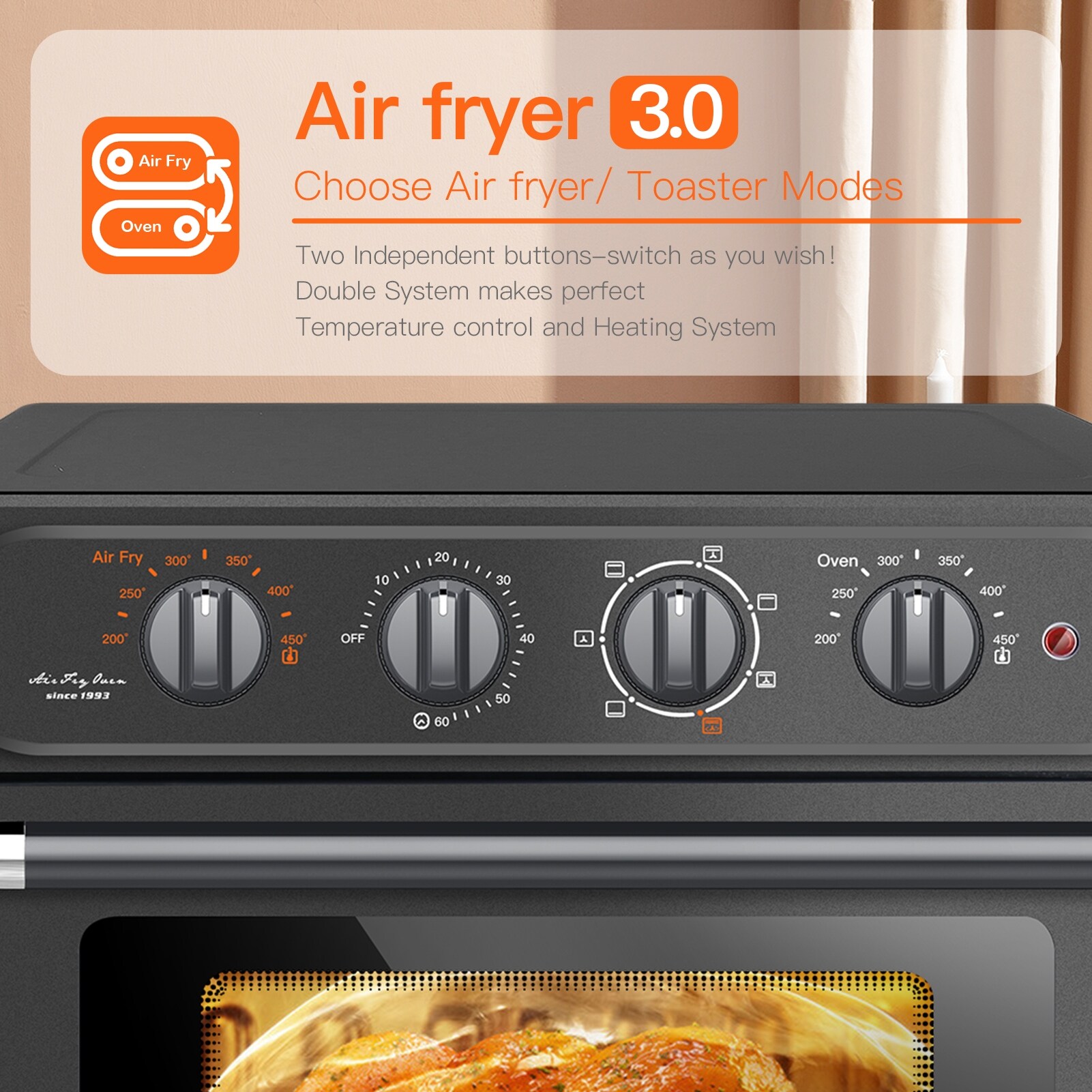 Air Fryer Toaster Oven - Black and Gold Toaster 4 Slice, 21 QT 1700W  Convection Countertop, 7-in-1 Combo, 360° Rotating Hot Air Heating 