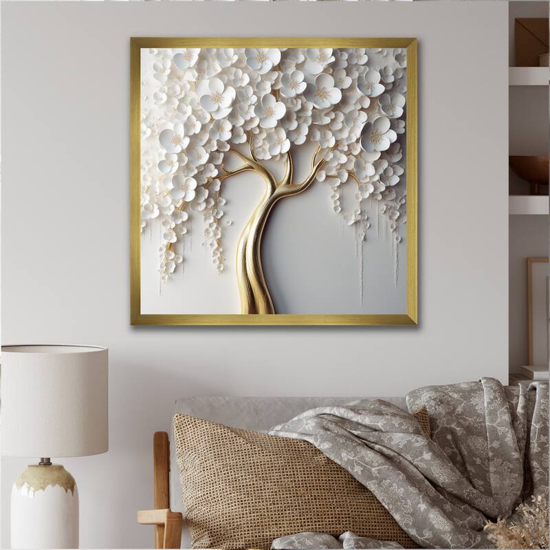 Designart "White Orchid Tree Garden Of Branches Vii" Tree Floral Framed Canvas Print - 36 in. wide x 36 in. high - Gold