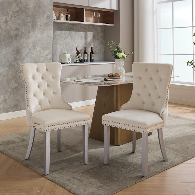 High-end Tufted Solid Wood Contemporary Velvet Upholstered Dining Chair with Wood Legs Nailhead Trim 2-Pcs Set - Milk White