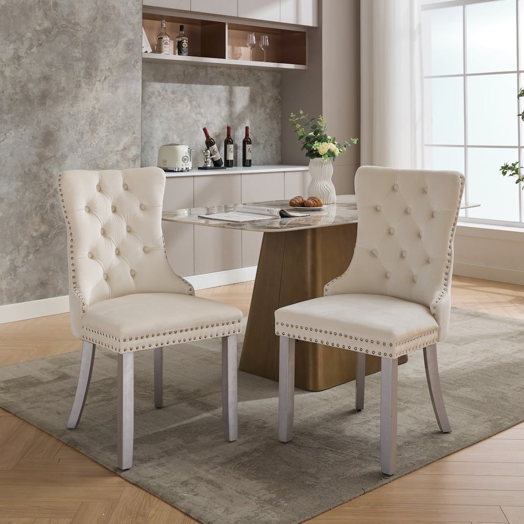 Nikki Collection Modern High-end Tufted Velvet Upholstered Dining Chair with Wood Legs Nailhead Trim 2-Pcs Set