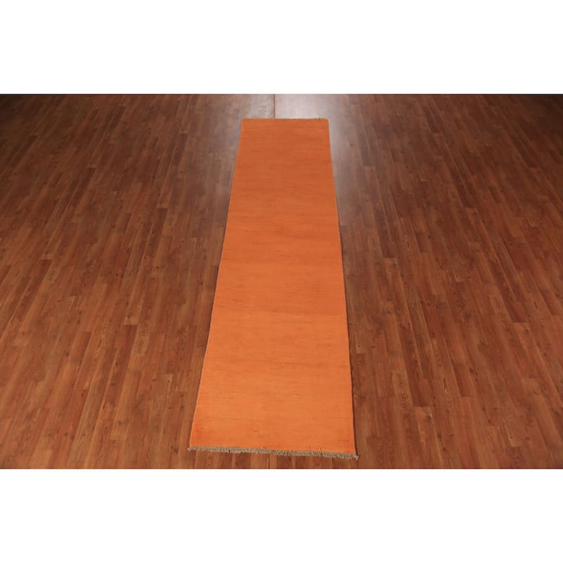Orange Modern Gabbeh Runner Rug Hand-Knotted Solid Wool Carpet - 2'6" x 9'8"