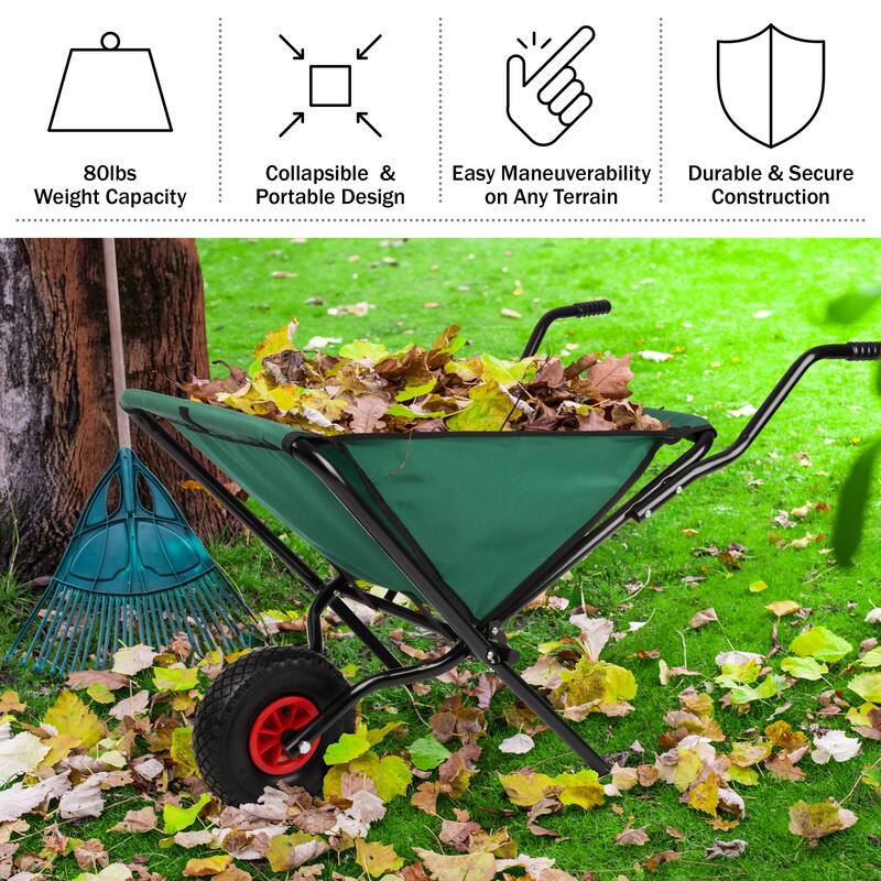 Folding Wheelbarrow - Collapsible Garden Cart with 80lb Capacity, Storage Pouches, and Padded Handles by Pure Garden (Green)