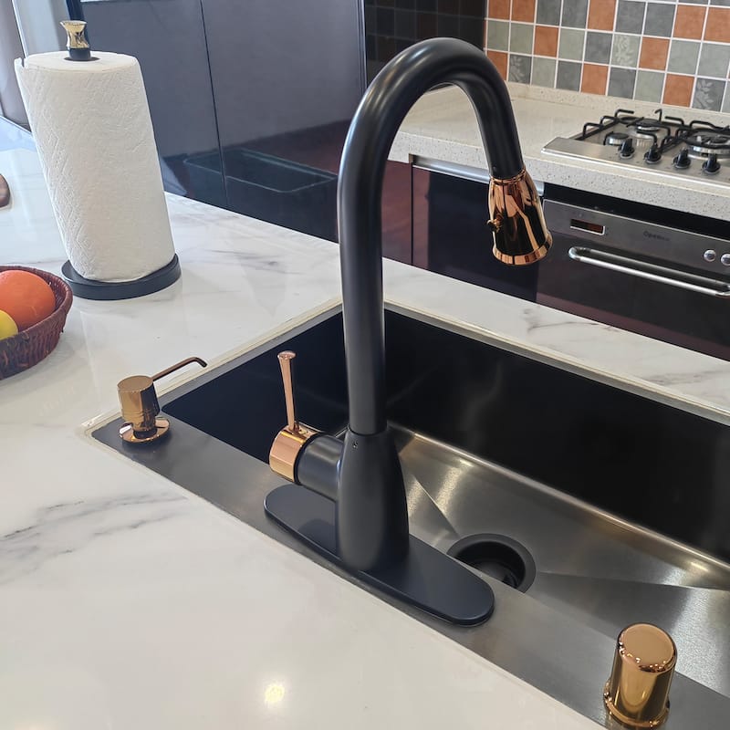 One-Handle Matte Black and Rose Gold Pull Down Kitchen Faucet with Deck Plate - 5 Years Warranty - 16x8.2