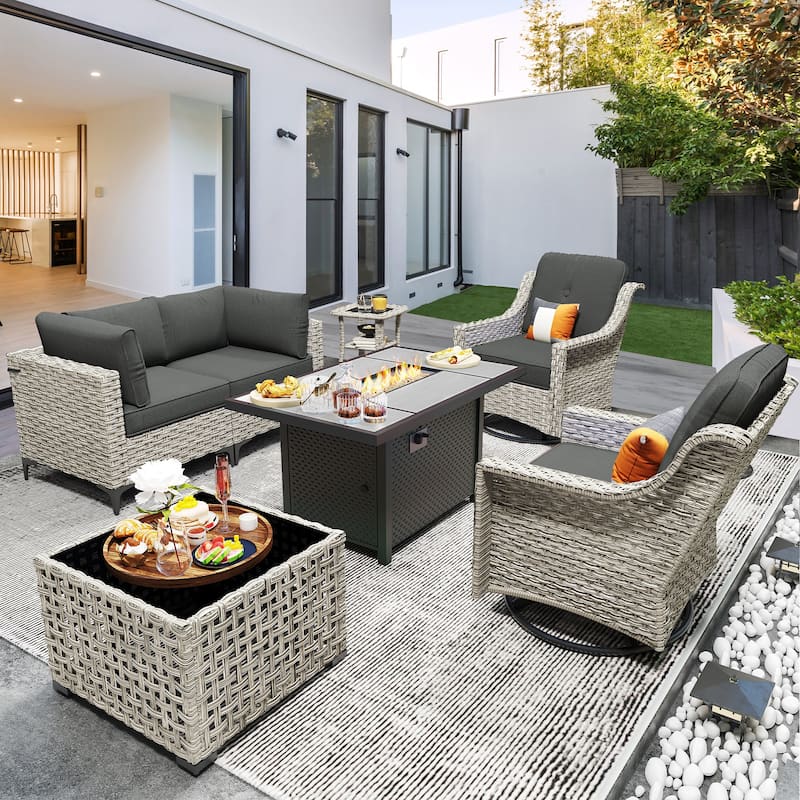 OVIOS 7 Pieces Outdoor Wicker Furniture Set With Solar-Powered Coffee Table&Fire Pit - Black