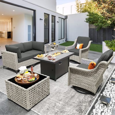 OVIOS 7 Pieces Outdoor Wicker Furniture Set With Solar-Powered Coffee Table&Fire Pit
