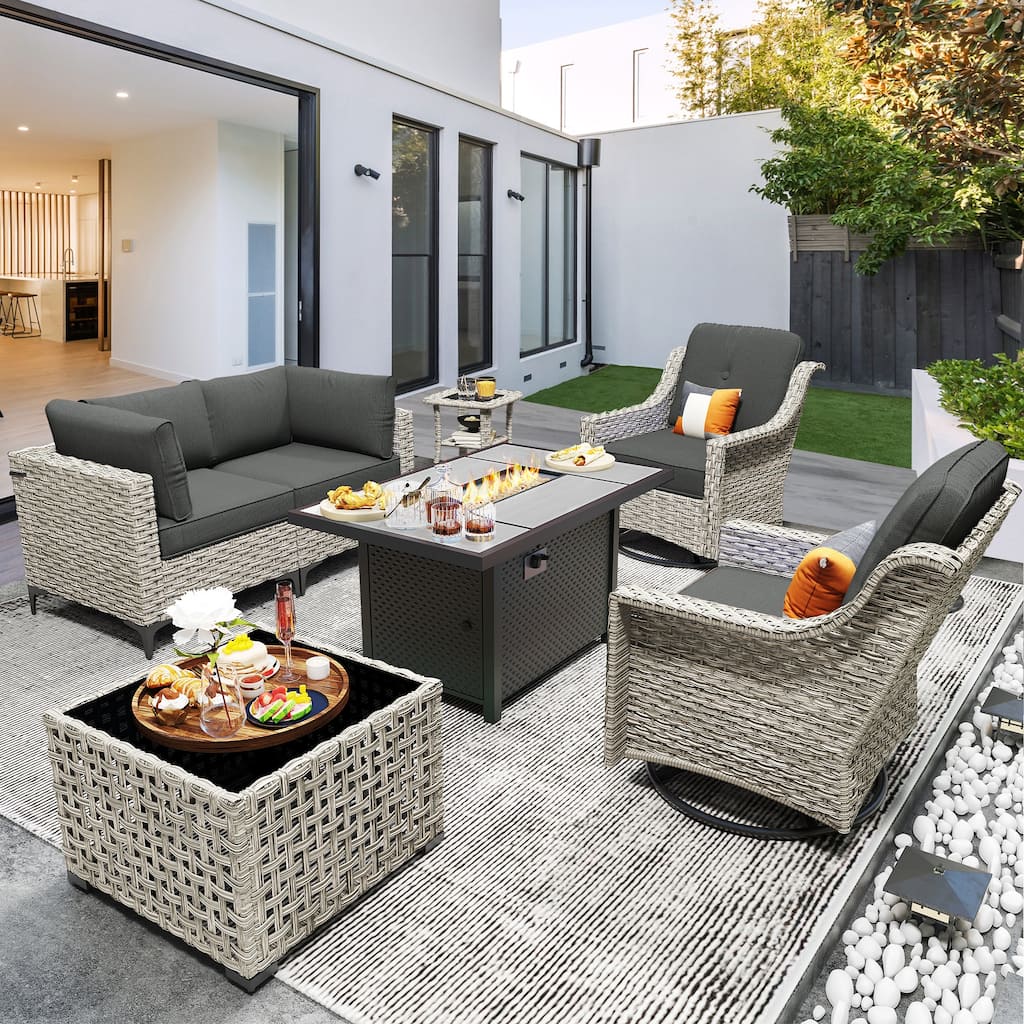 OVIOS 7 Pieces Outdoor Wicker Furniture Set With Solar-Powered Coffee Table&Fire Pit