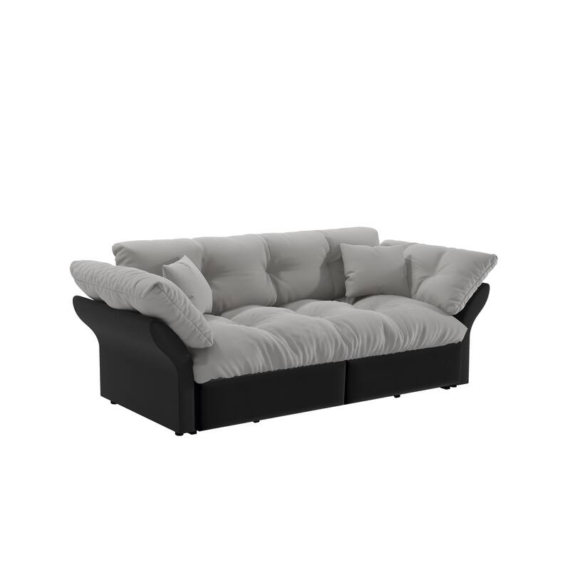 74.8" Queen Pull Velvet Out Sofa Bed, 3-in-1 Convertible Sleeper Tufted Sofa with 2 Soft Pillows-Grey