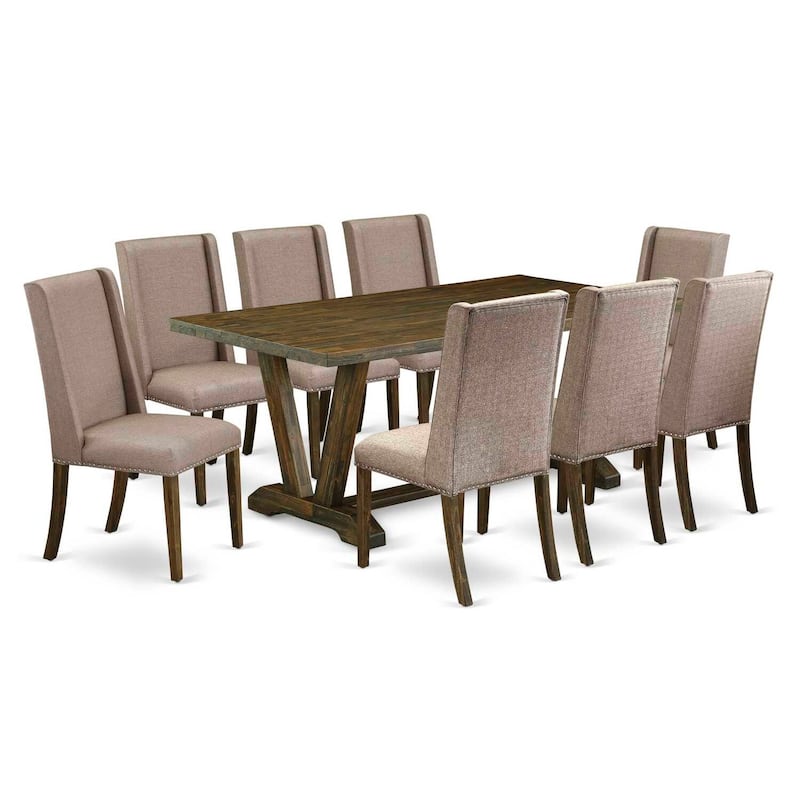Asian Dining Set - 9 Piece Table & Chairs - 40x72 Inch Rectangle Table - Linen Fabric Upholstered Chairs - Dark Khaki