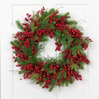 Cedar Pine and Red Berries Artificial Christmas Wreath - 28" - Unlit ...