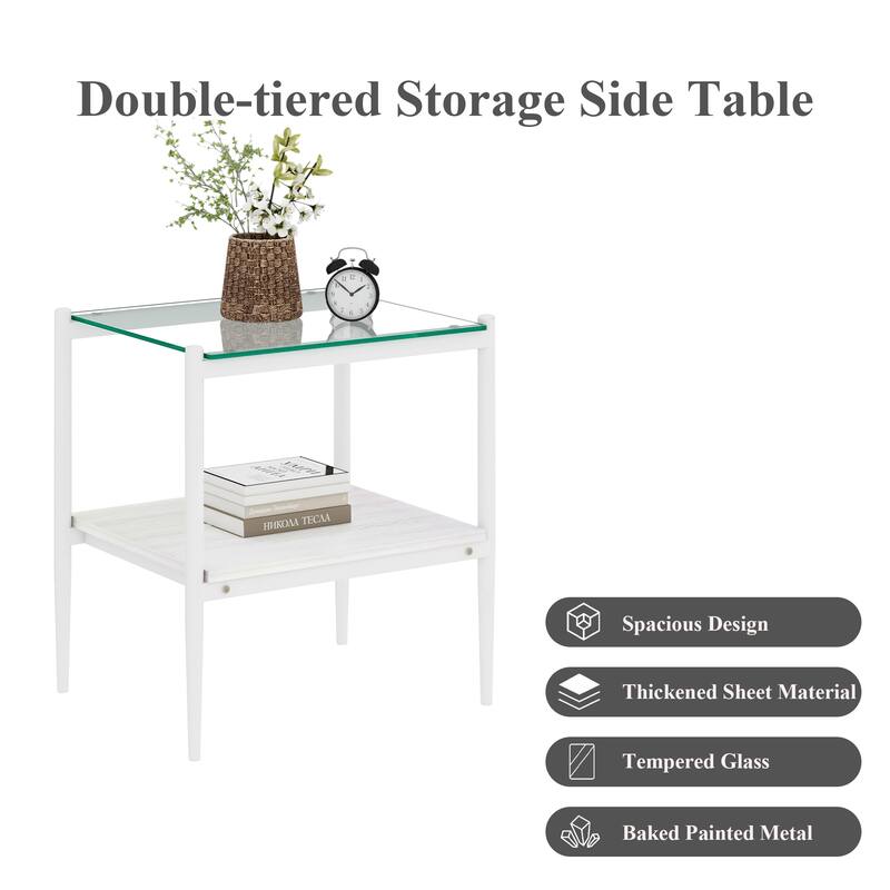 Set of 2 Rectangle End Table Tempered Glass Tabletop with MDF layer