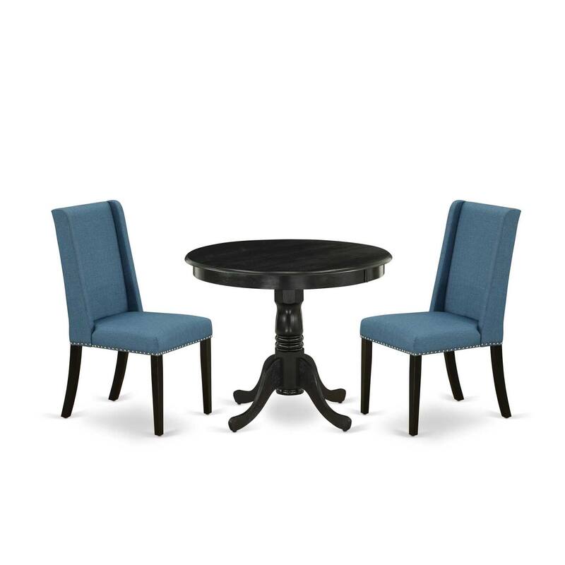 3-Piece Wire brushed Black Solid Wood Top - Round Upholstered Dining Room Set - Seats 4