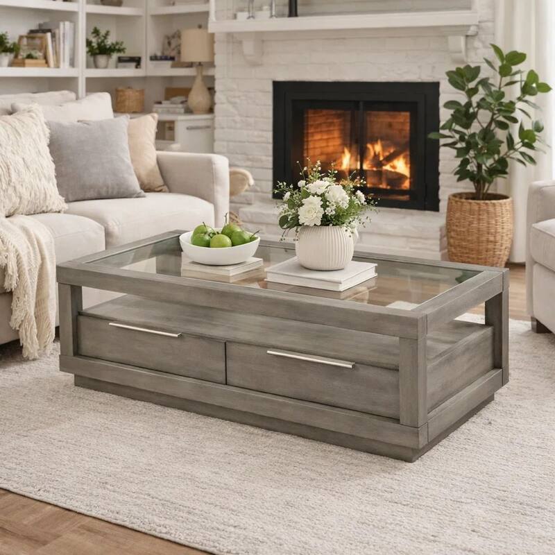 Wave 54 Inch Coffee Table, Glass Top, 2 Drawers, Natural Gray Acacia Wood