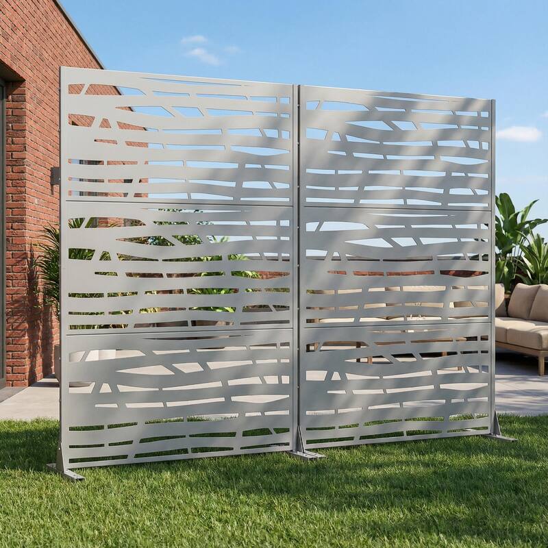 Metal Privacy Screen Fence Panel with Stylish Pattern Set of 2 - grey - 72"x47"