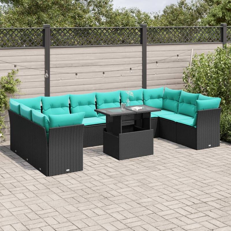 vidaXL 11 Piece Garden Sofa Set with Cushions Black Poly Rattan - 24.41 x 24.41 x 27.17