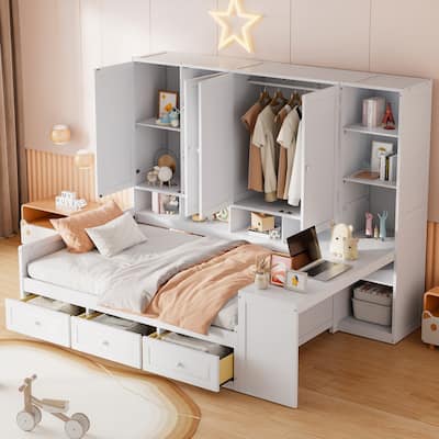 Full Size Daybed, All-in-one Storage Daybed w/ 3 Drawers, Cabinet, Wooden Twin Day Bed Frame w/ Wood Slat Support, Desk