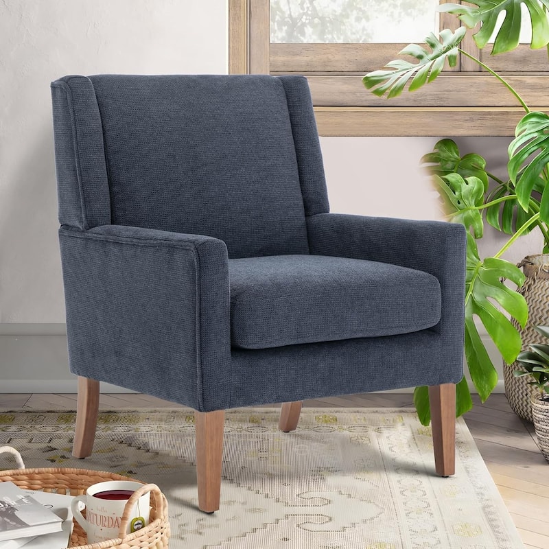 Mid-Century Linen Wing Chair - Tailored Channel Tufting & Walnut Tapered Legs, Compact Accent for Reading Nooks - 1 - Blue