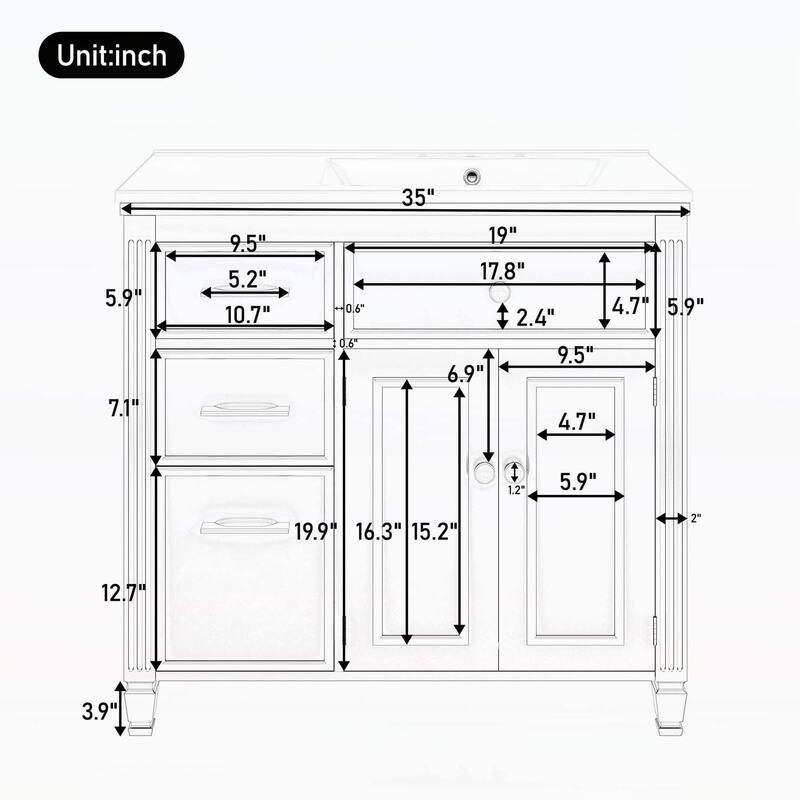 Bathroom Vanity Cabinet with Sink,with One Tip-out Drawer,3 Side Drawers,Adjustable Shelf