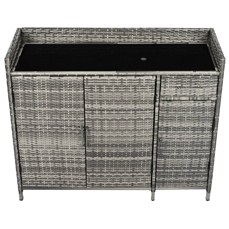 47.5"W Wicker Outdoor Storage Cabinet with Glass Desktop, Weather-proof Rattan Bar Table with Three Doors, Adjustable Shelf