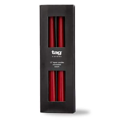 Color Studio 12" Traditional Taper Unscented Smokeless Paraffin Wax Candle Cranberry Set of 4 Burn Time 8 hrs.