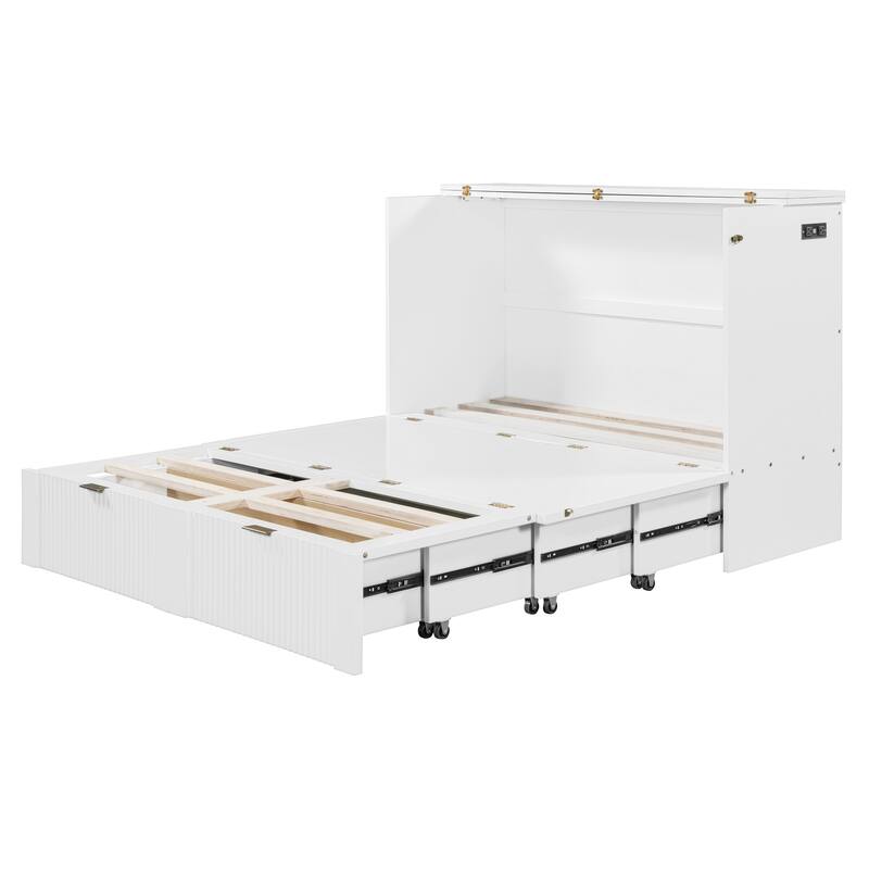 Space-Saving Queen Size Murphy Bed with Drawer, USB Ports, and Pulley Mechanism, Convertible Wall Bed with Flexible Slats