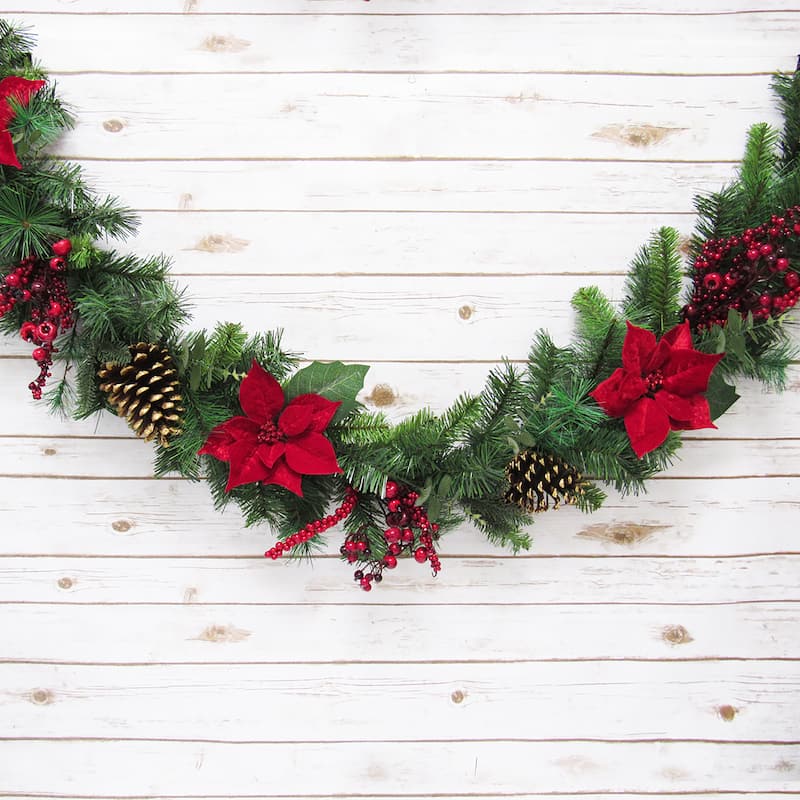 6ft Artificial Mixed Velvet Poinsettia Berry Pine Cone & Pine Christmas Garland - 72" L x 7" W x 5" DP
