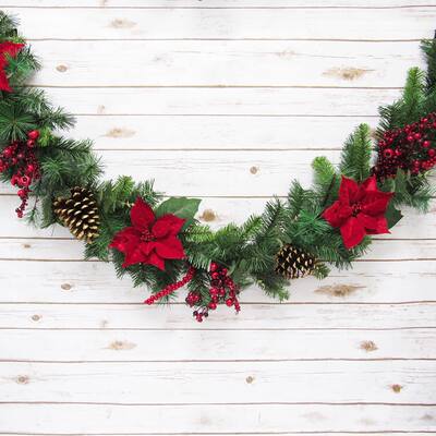 6ft Artificial Mixed Velvet Poinsettia Berry Pine Cone & Pine Christmas Garland - 72" L x 7" W x 5" DP