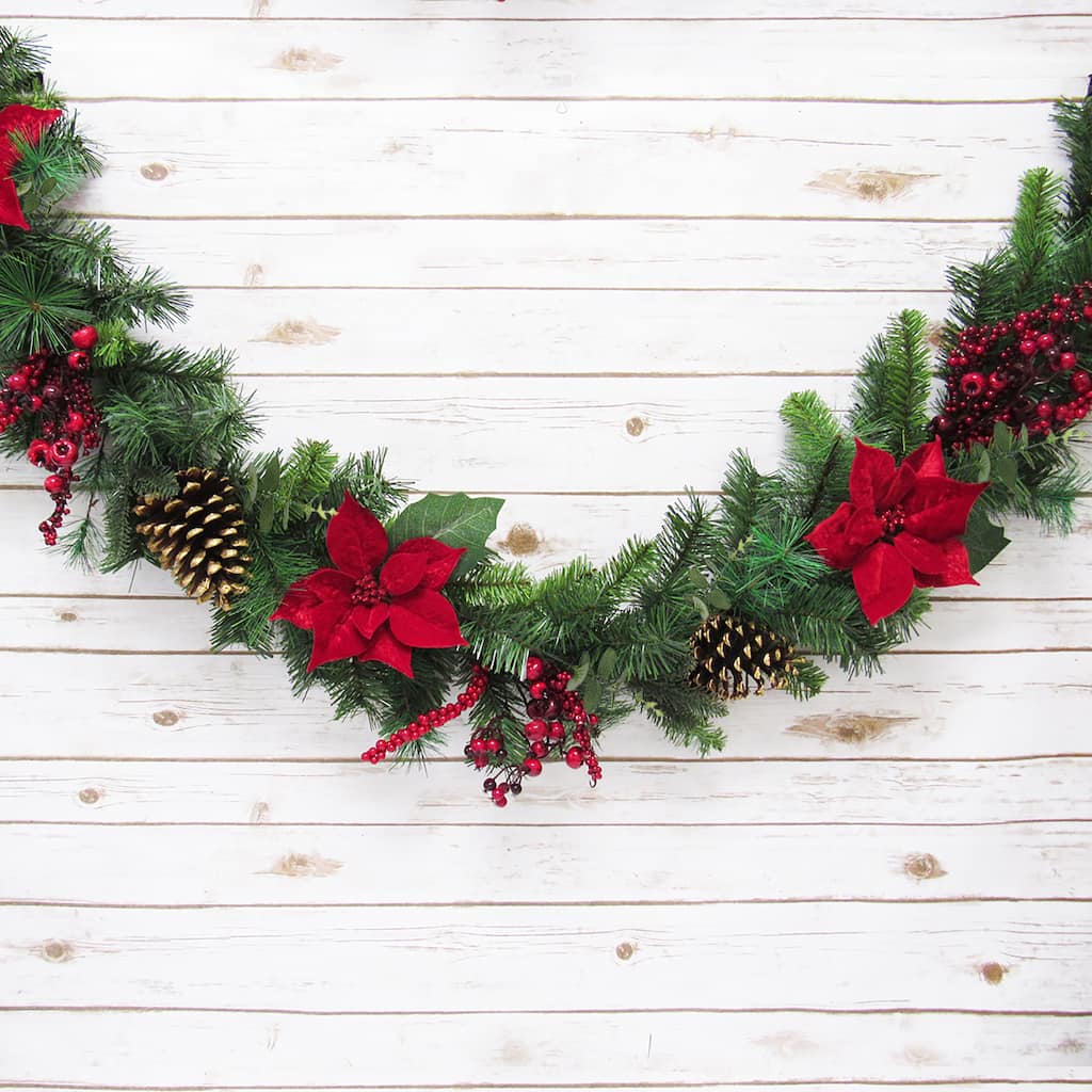 6ft Artificial Mixed Velvet Poinsettia Berry Pine Cone & Pine Christmas Garland - 72" L x 7" W x 5" DP