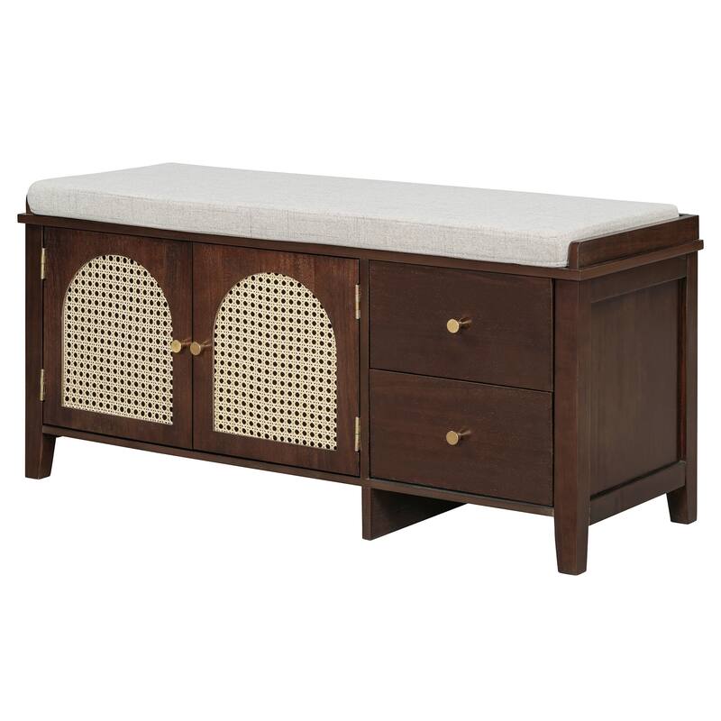 Wood Shoe Storage Bench with Cushion,2 Drawers and 2 Rattan Door