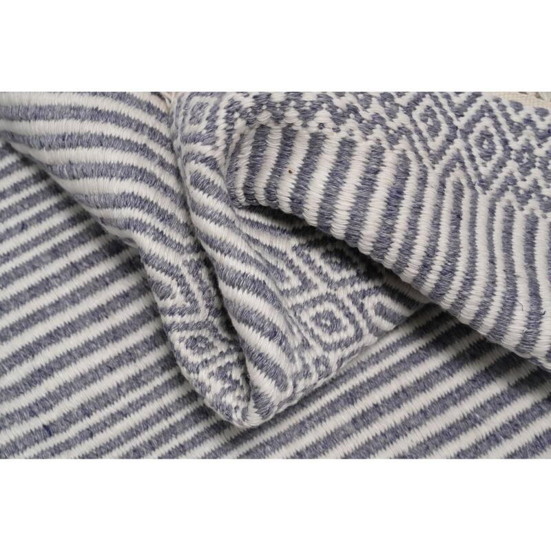 Hand Woven Oriental 100% Wool Carpet Traditional Geometric Navy Blue & Blues Durrie-Kilim Area Rug - 8' 0'' X 5' 0''