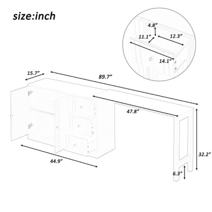 89.7" Wooden Sideboard with Extendable Table, 2 Doors & 3 Drawers Storage Cabinet for Living Room, Study, Kitchen