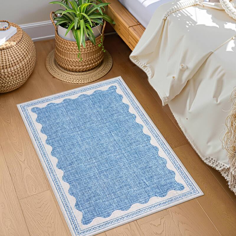 Scalloped Pattern Rugs for Living Room Bedroom Soft Non Slip Low Pile Throw Carpet Washable Foldable Area Rug